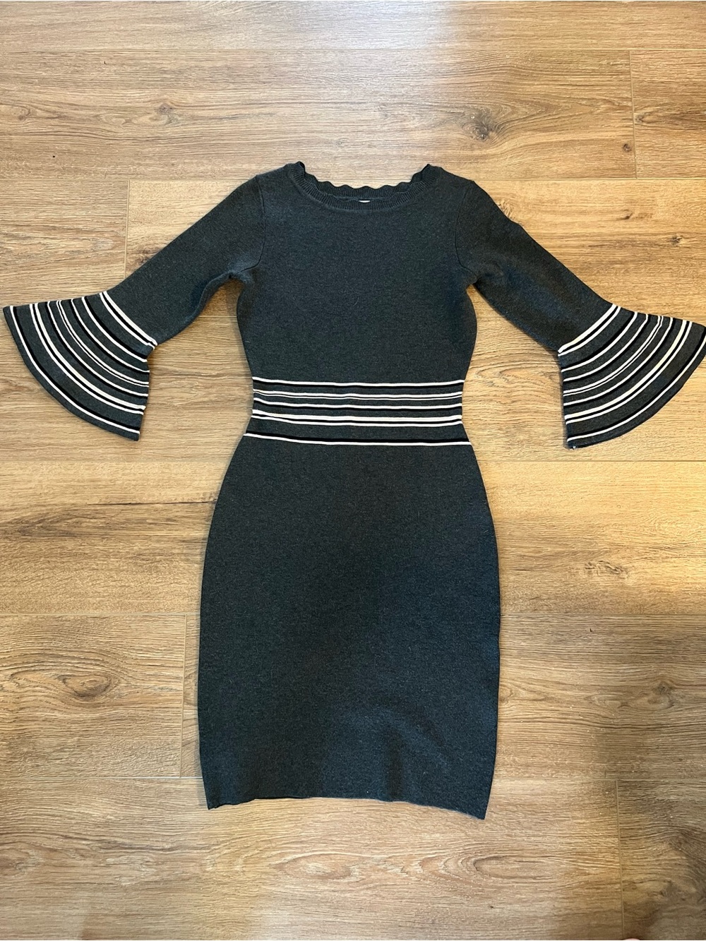 Danny & Nicole Grey Knit Dress with Ivory Striped Bell Sleeves and Waist